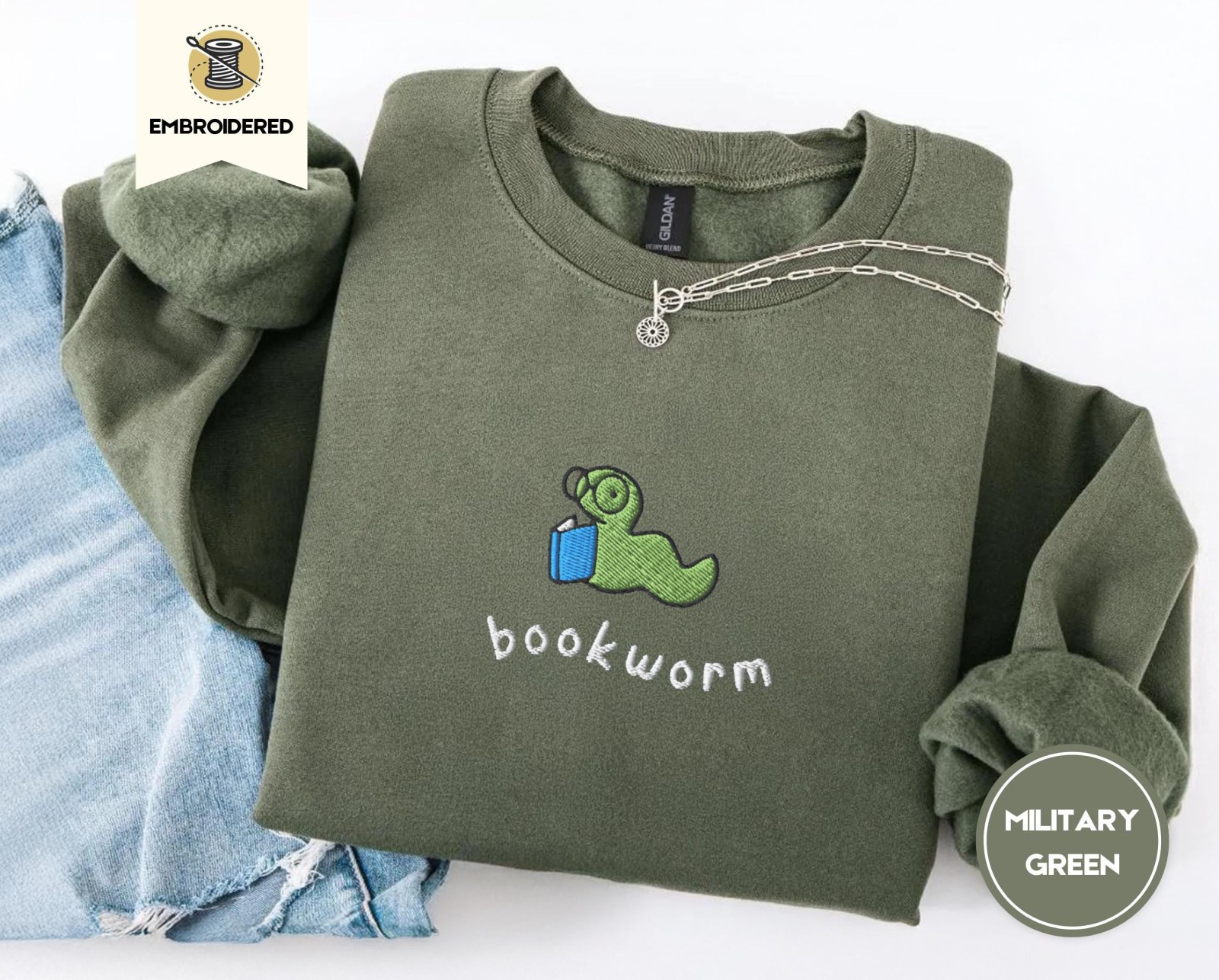 Military Green Reading Bookworm Embroidered Sweatshirt