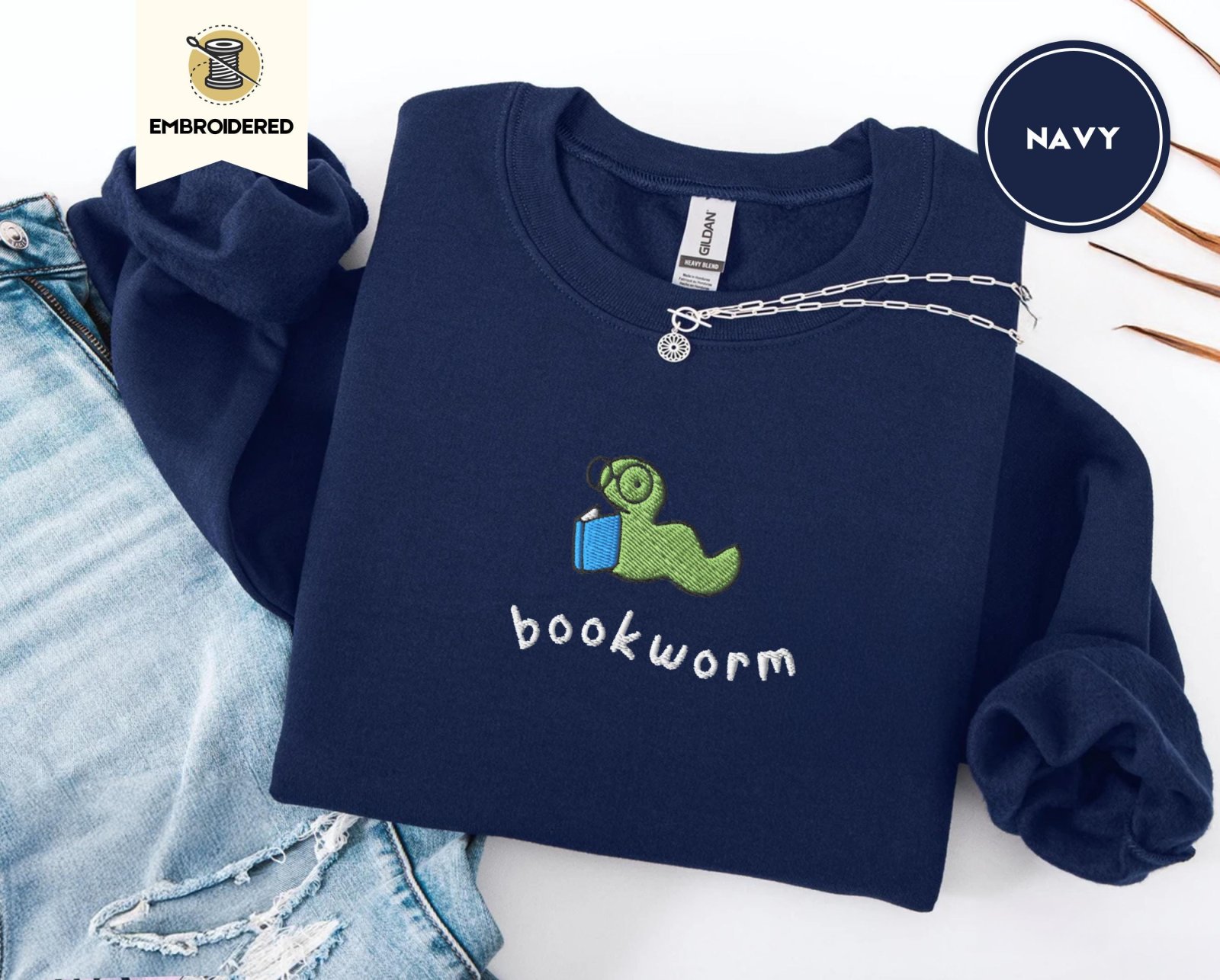 Navy Reading Bookworm Embroidered Sweatshirt