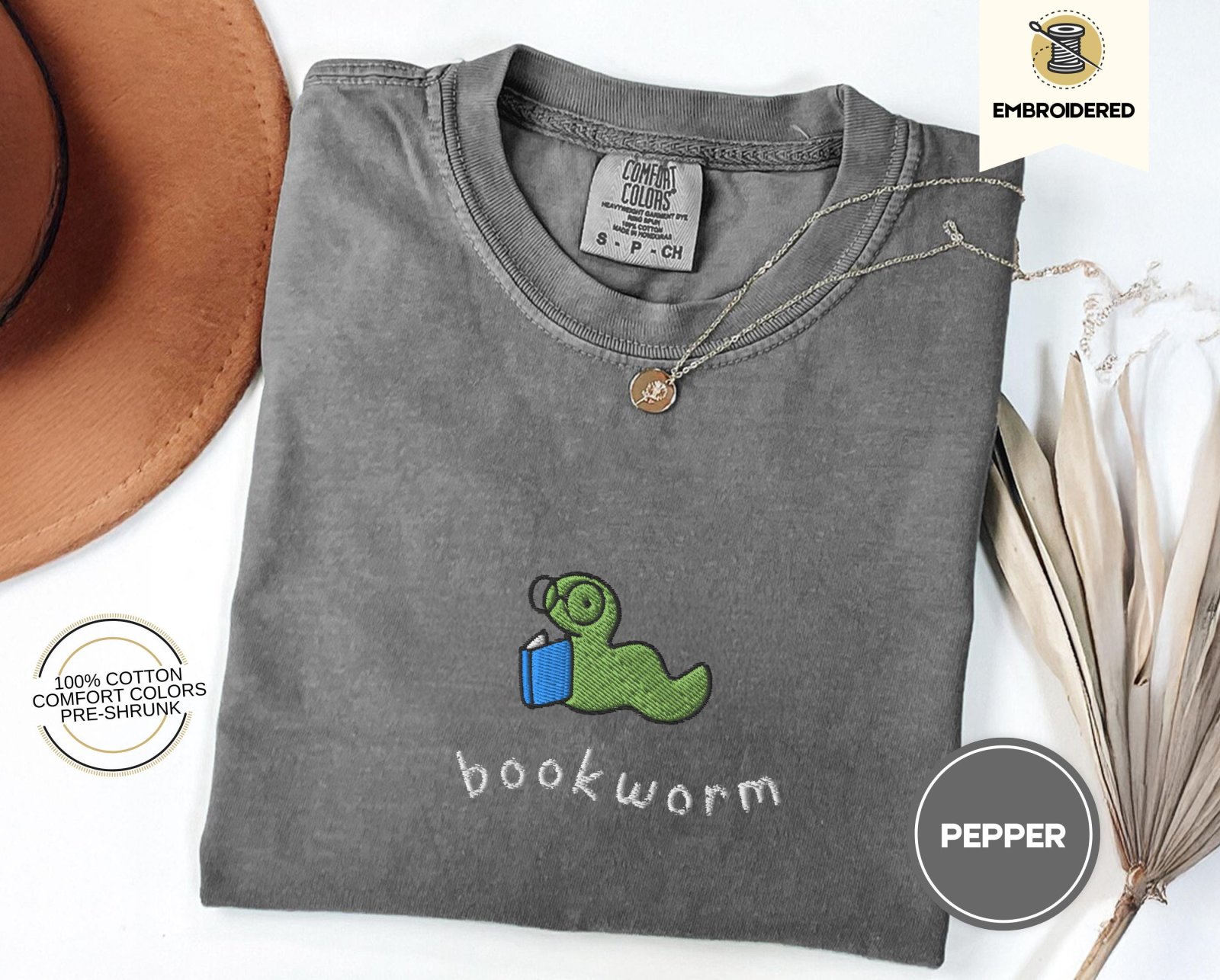Pepper Reading Bookworm Embroidered T-Shirt