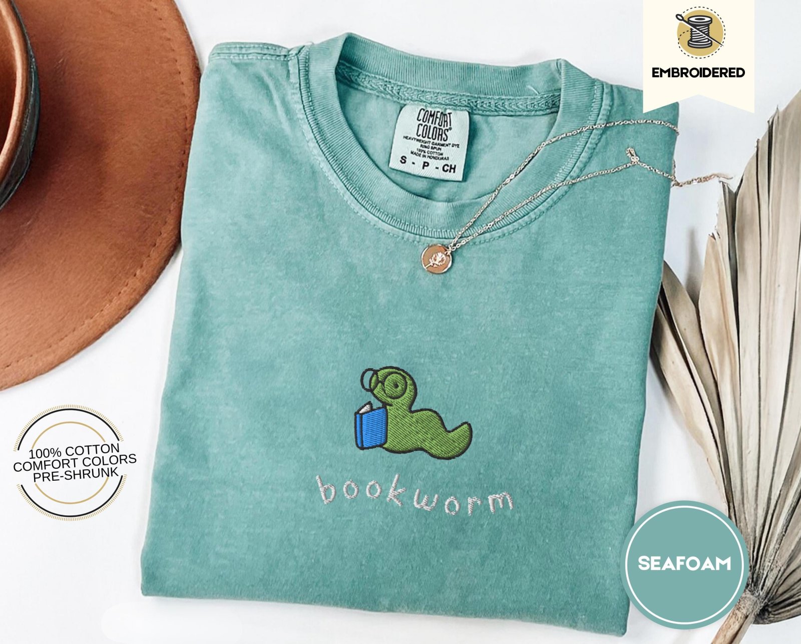 Seafoam Reading Bookworm Embroidered T-Shirt