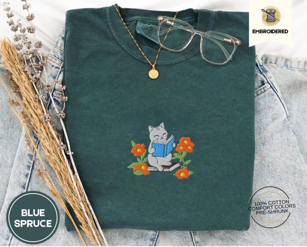 Blue Spruce Reading Cat and Flowers Embroidered T-Shirt
