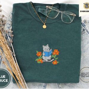 Reading Cat and Flowers Embroidered T-Shirt