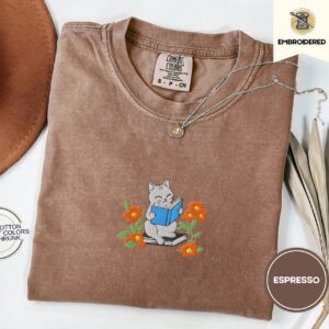 Espresso Reading Cat and Flowers Embroidered T-Shirt