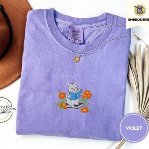 Violet Reading Cat and Flowers Embroidered T-Shirt