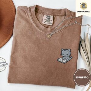 Espresso Reading Cat Embroidered T-Shirt
