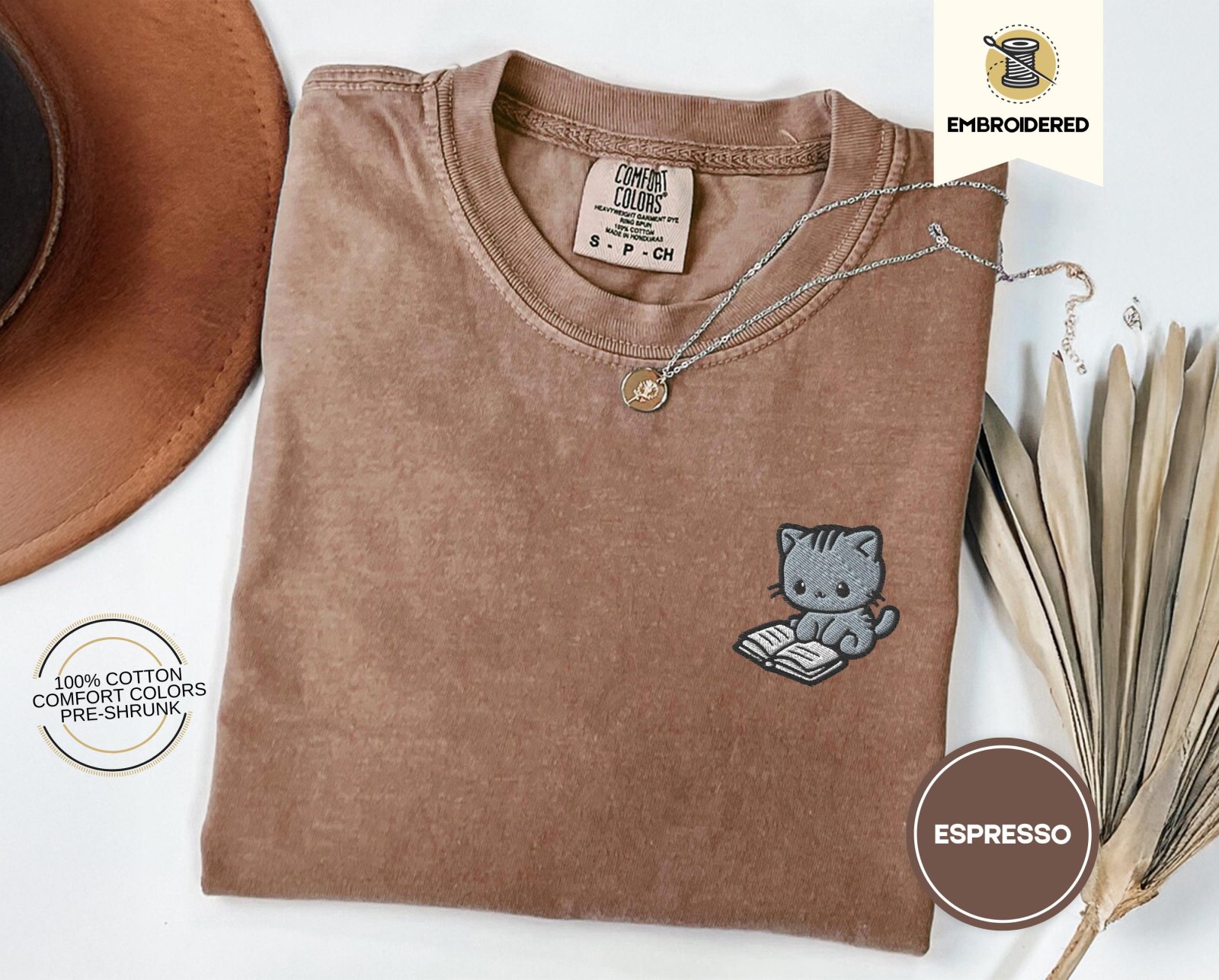 Espresso Reading Cat Embroidered T-Shirt