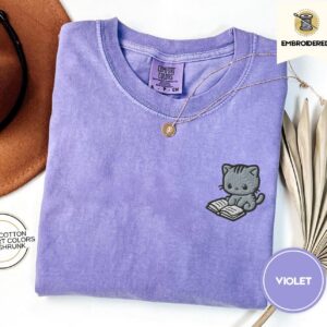 Violet Reading Cat Embroidered T-Shirt