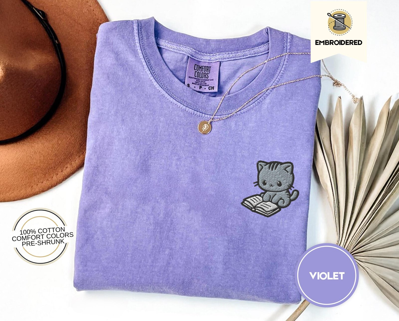 Violet Reading Cat Embroidered T-Shirt