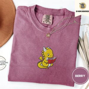 Berry Reading Dragon Embroidered T-Shirt