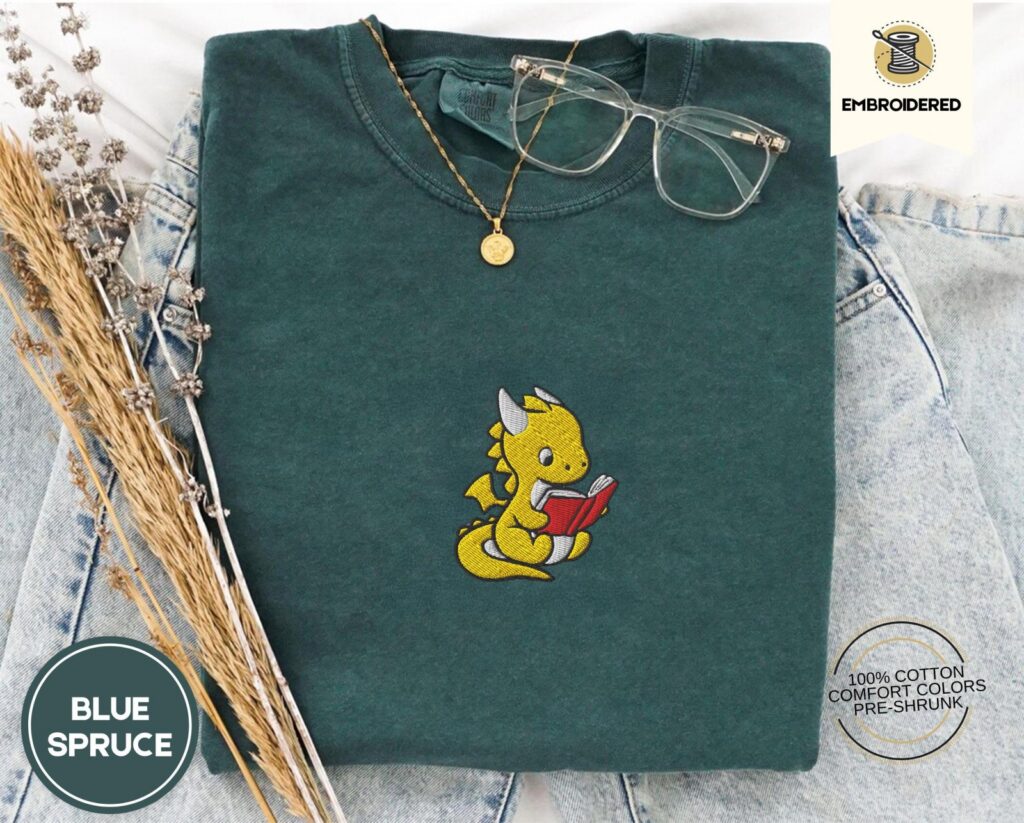 Blue Spruce Reading Dragon Embroidered T-Shirt