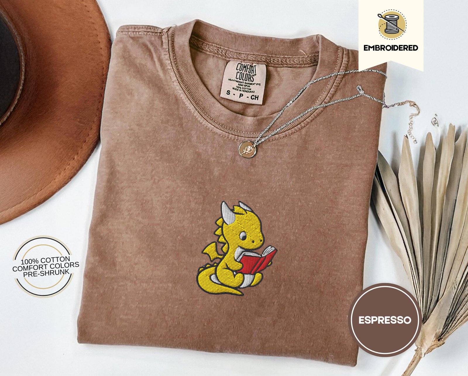 Espresso Reading Dragon Embroidered T-Shirt