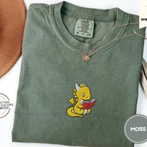 Moss Reading Dragon Embroidered T-Shirt