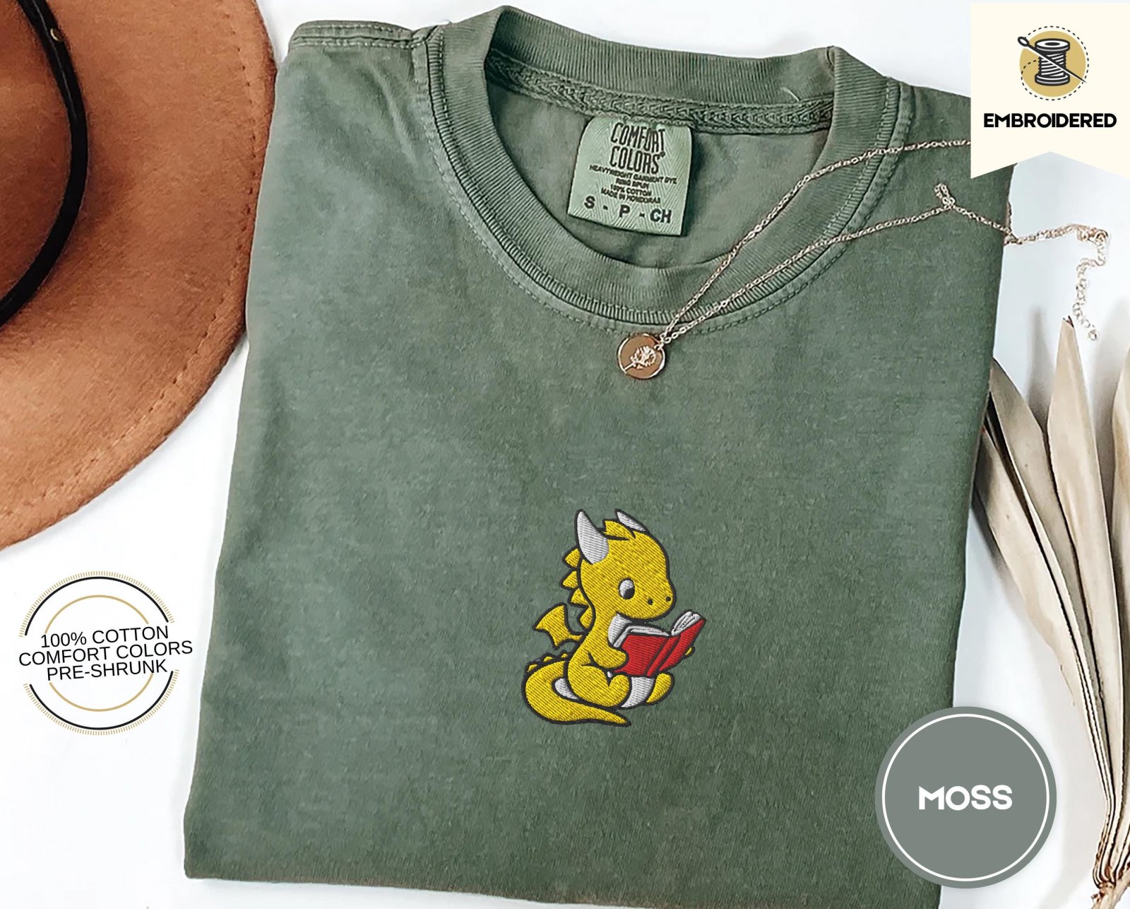 Moss Reading Dragon Embroidered T-Shirt