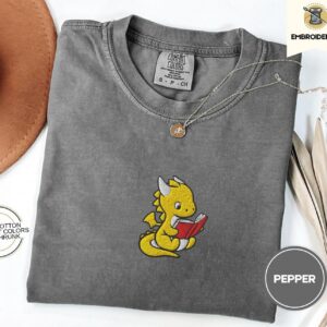 Pepper Reading Dragon Embroidered T-Shirt