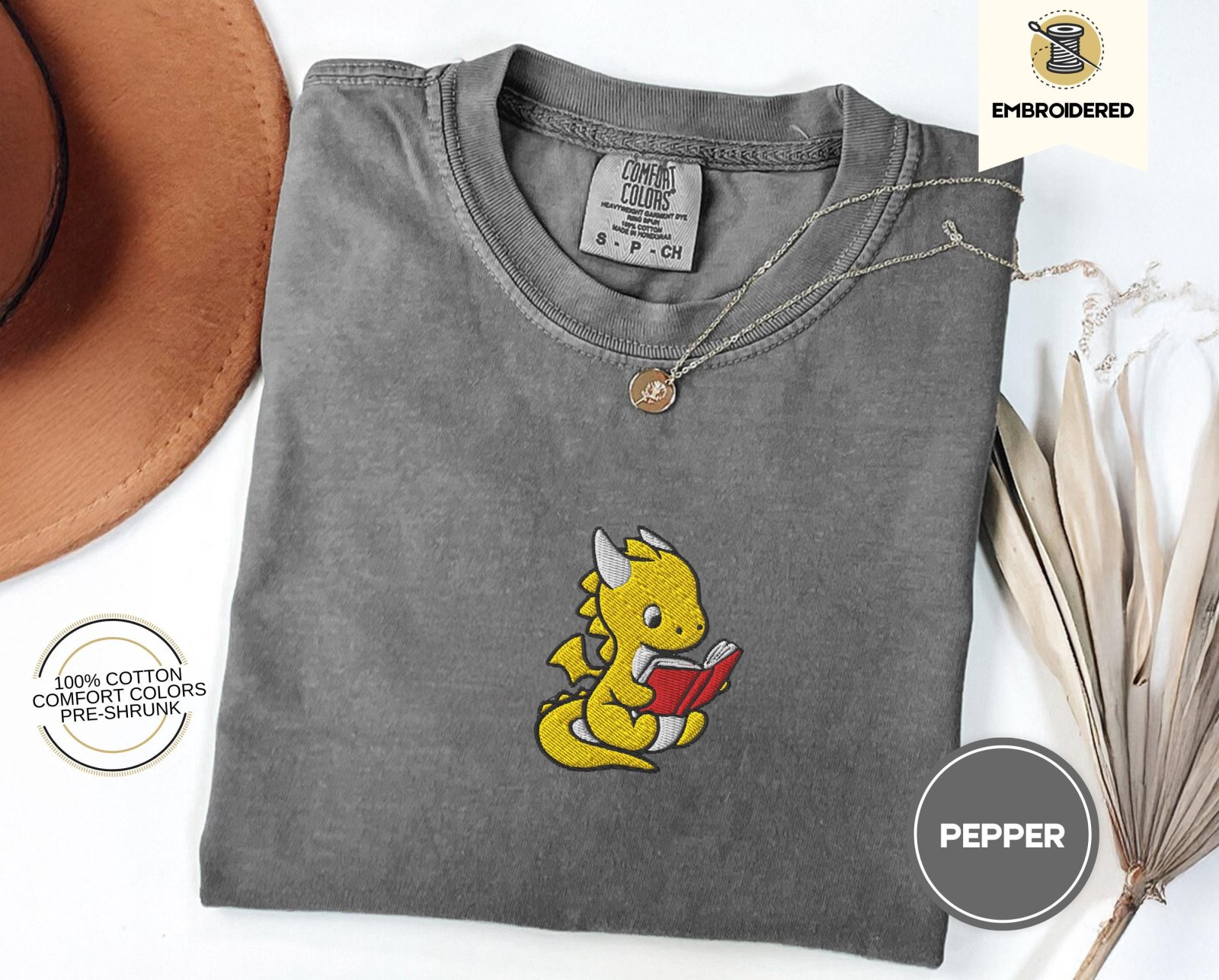 Pepper Reading Dragon Embroidered T-Shirt