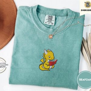 Seafoam Reading Dragon Embroidered T-Shirt