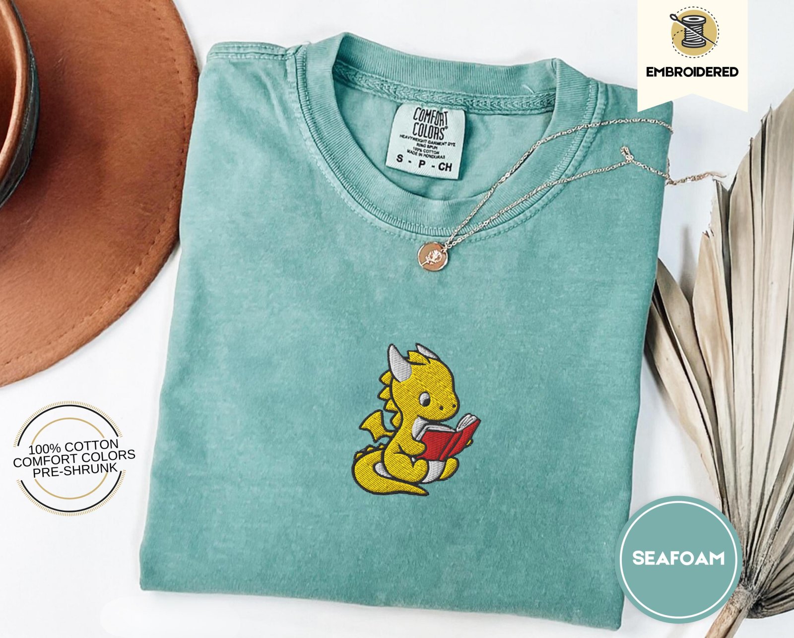 Seafoam Reading Dragon Embroidered T-Shirt
