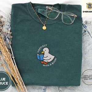 Blue Spruce Reading Duck Embroidered T-Shirt