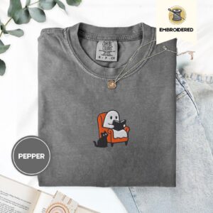 Pepper Reading Ghost and Cat Embroidered T-Shirt