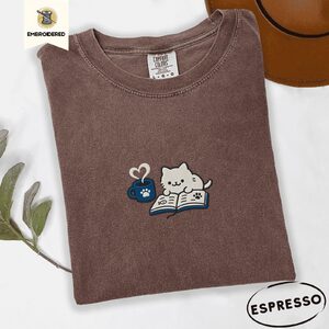 Espresso Reading Kitten and Mug Embroidered T-Shirt