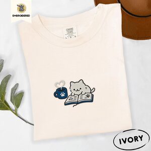 Ivory Reading Kitten and Mug Embroidered T-Shirt