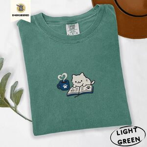 Light Green Reading Kitten and Mug Embroidered T-Shirt