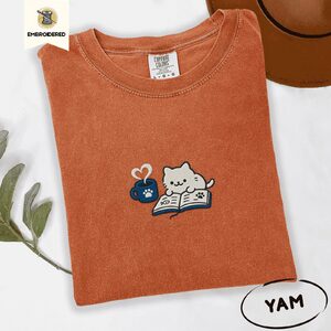 Yam Reading Kitten and Mug Embroidered T-Shirt