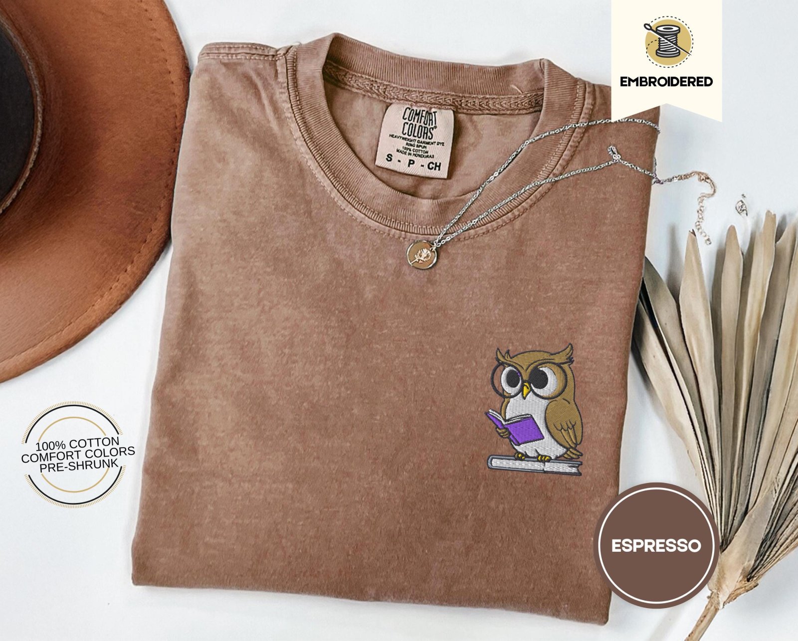 Espresso Reading Owl Embroidered T-Shirt