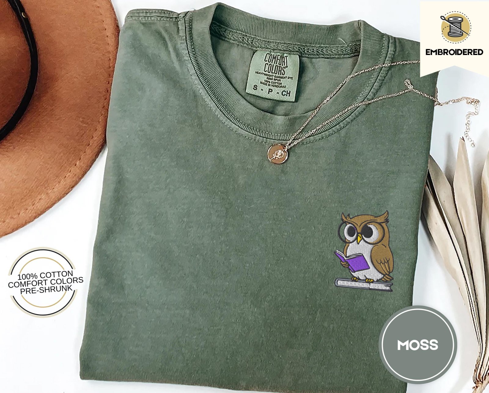 Moss Reading Owl Embroidered T-Shirt