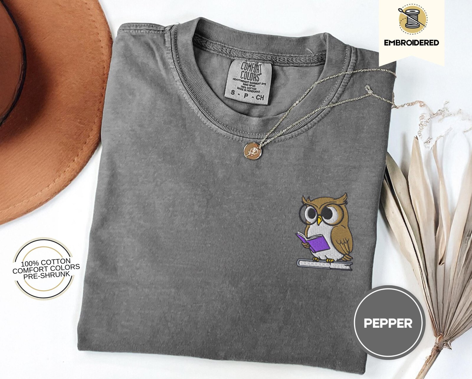 Pepper Reading Owl Embroidered T-Shirt