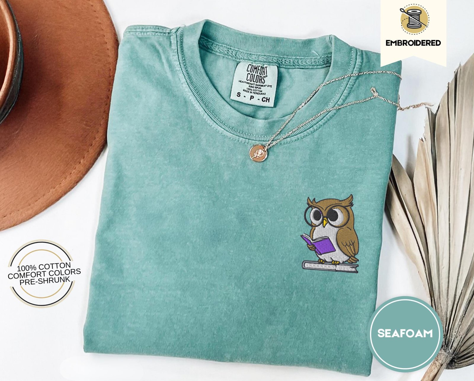 Seafoam Reading Owl Embroidered T-Shirt