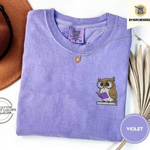 Violet Reading Owl Embroidered T-Shirt