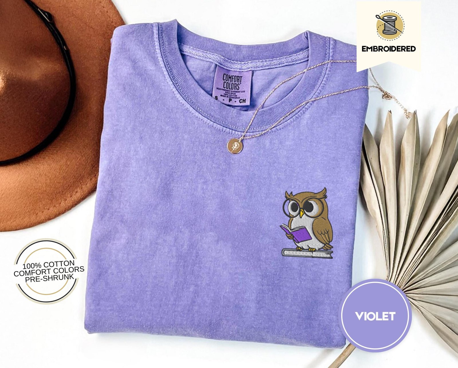 Violet Reading Owl Embroidered T-Shirt