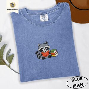Blue Jean Reading Raccoon Embroidered T-Shirt