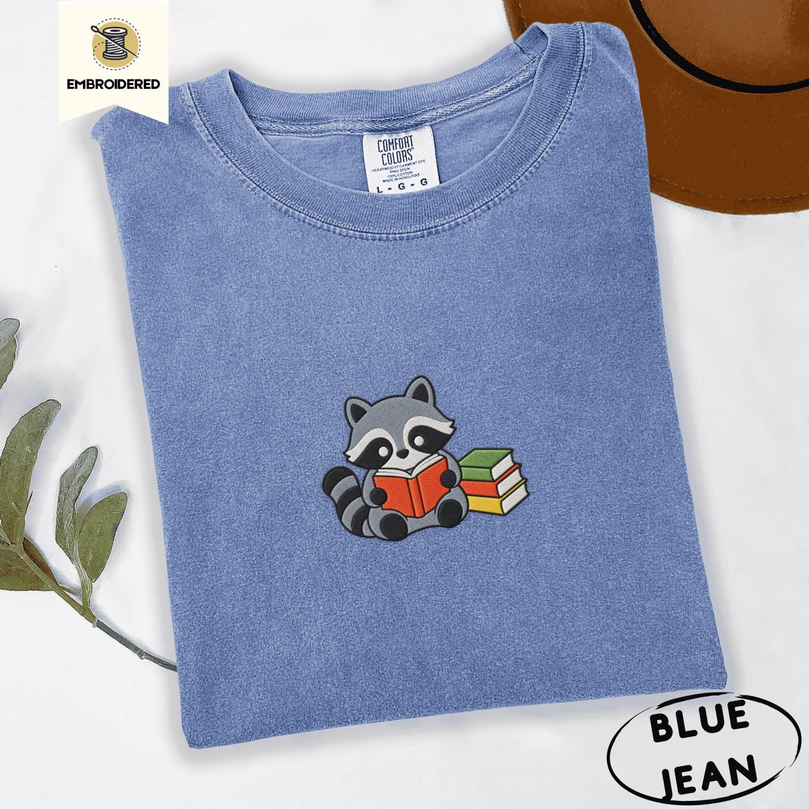 Blue Jean Reading Raccoon Embroidered T-Shirt
