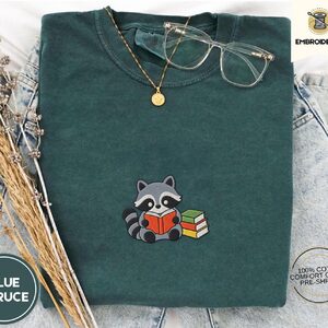 Blue Spruce Reading Raccoon Embroidered T-Shirt