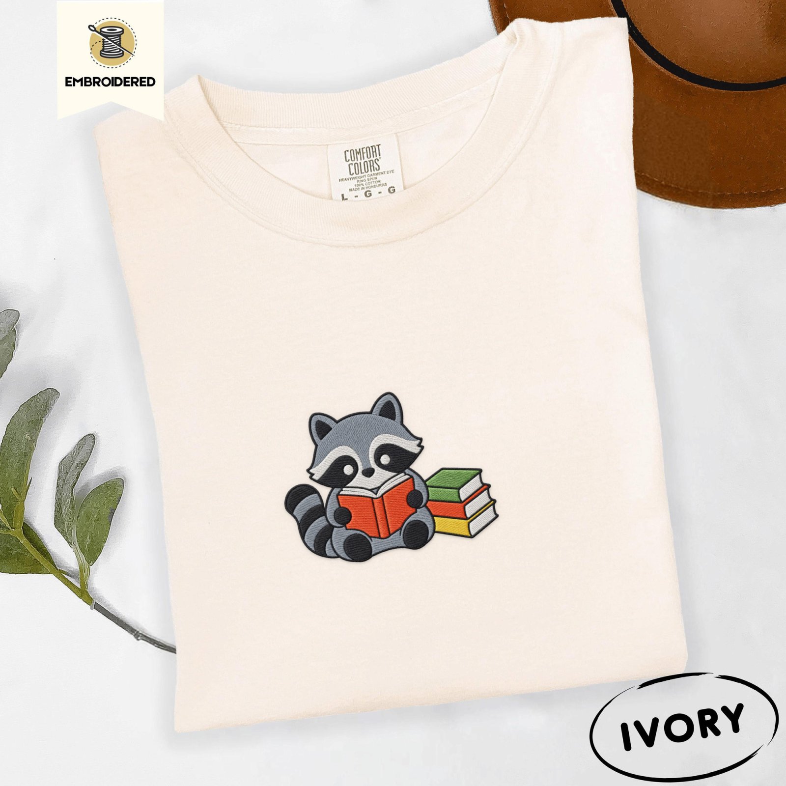 Ivory Reading Raccoon Embroidered T-Shirt