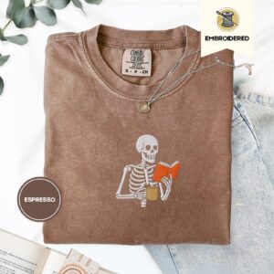 Espresso Reading Skeleton with Coffee Embroidered T-Shirt