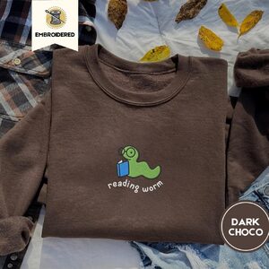 Dark Chocolate Reading Worm Embroidered Sweatshirt