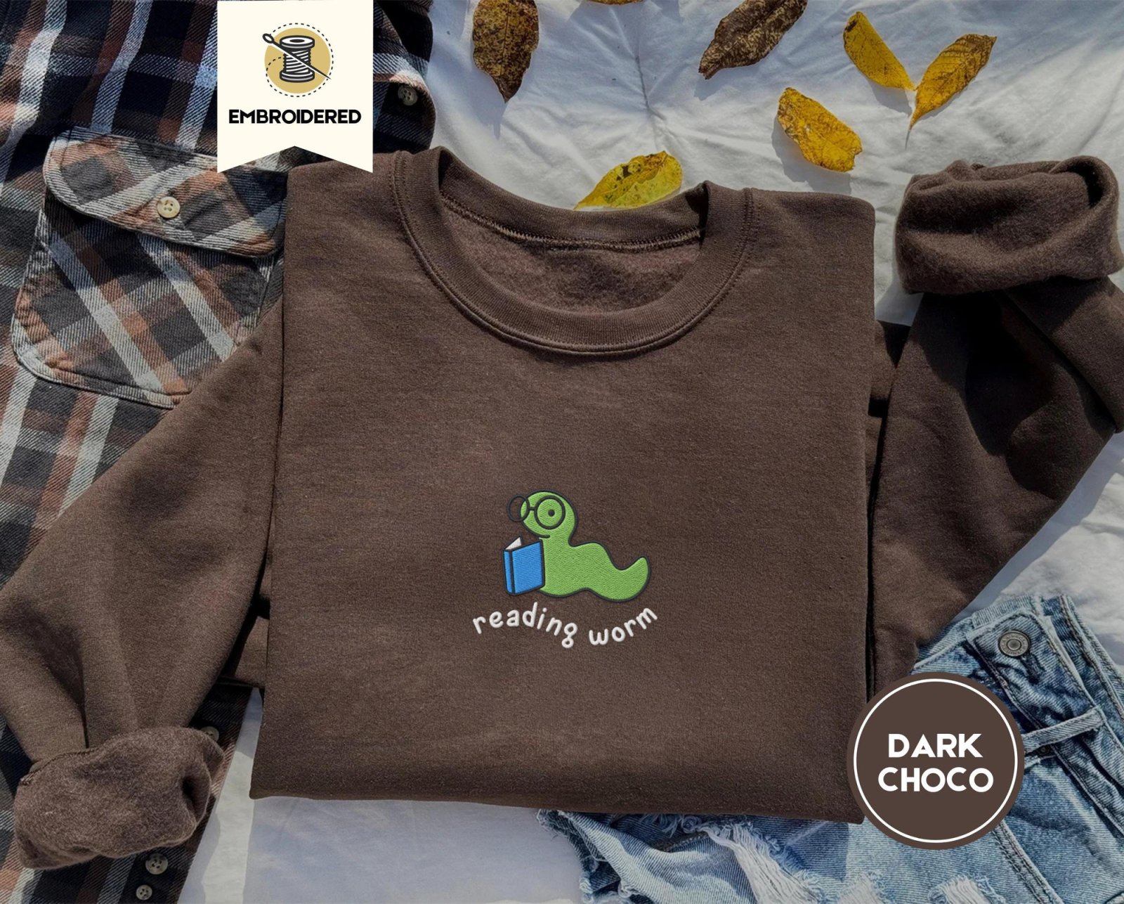 Dark Chocolate Reading Worm Embroidered Sweatshirt