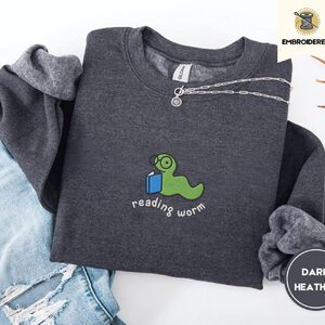 Dark Heather Reading Worm Embroidered Sweatshirt