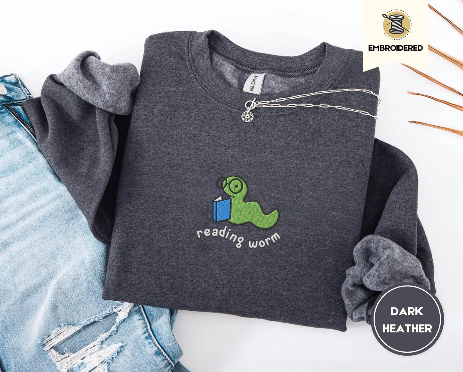 Dark Heather Reading Worm Embroidered Sweatshirt