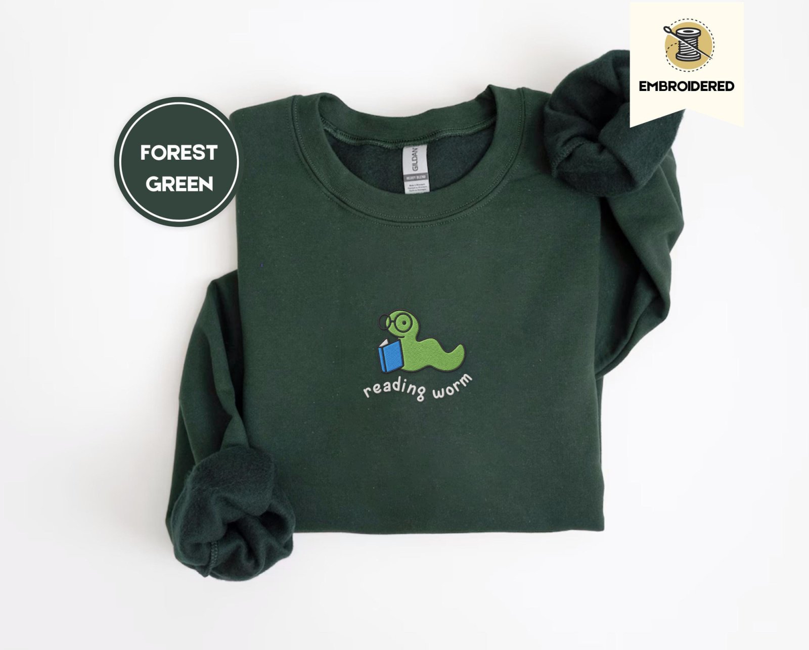 Forest Green Reading Worm Embroidered Sweatshirt