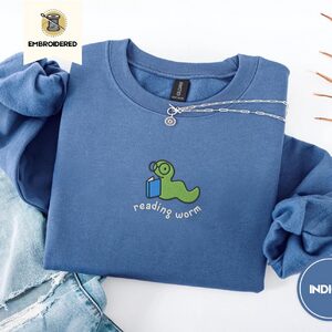 Indigo Blue Reading Worm Embroidered Sweatshirt