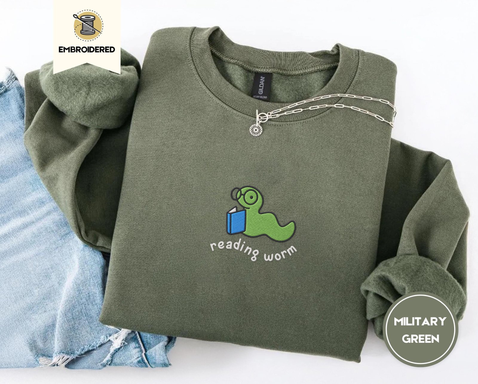 Military Green Reading Worm Embroidered Sweatshirt