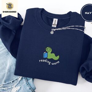 Navy Reading Worm Embroidered Sweatshirt