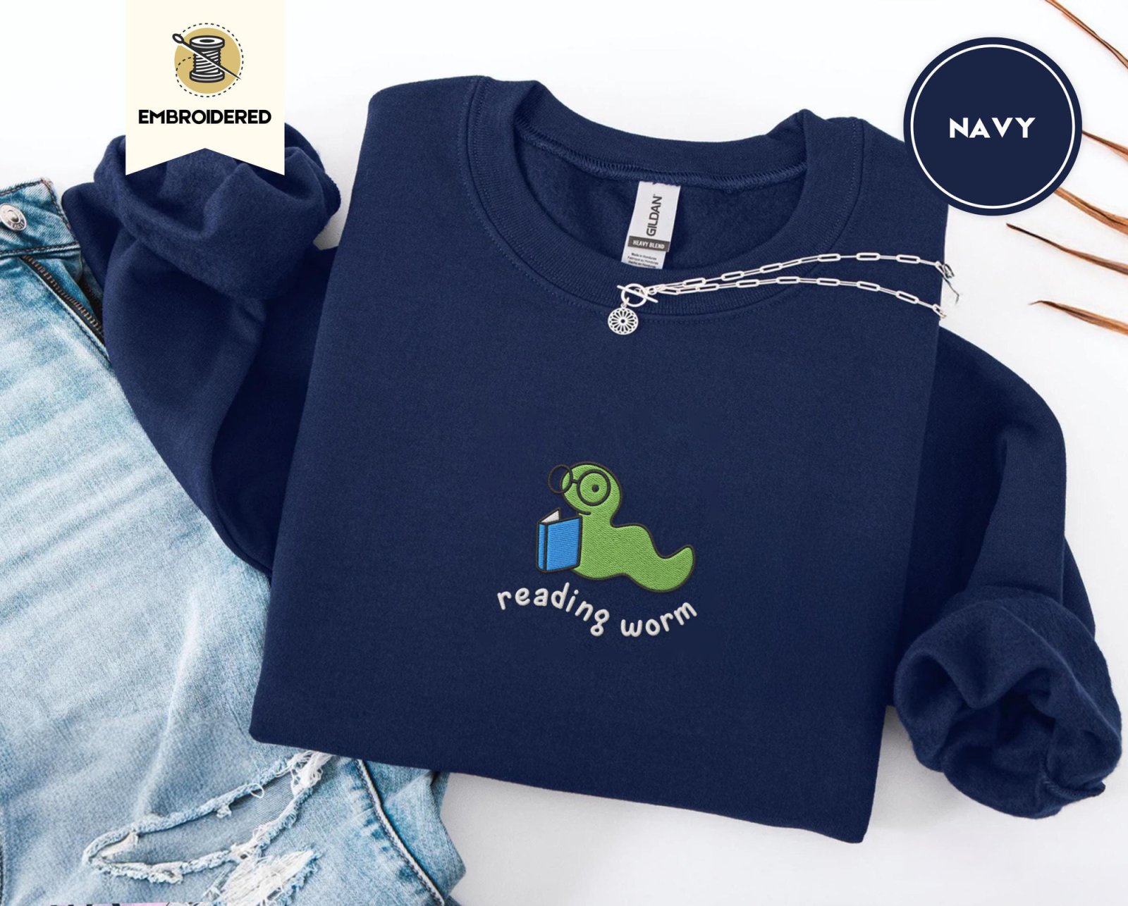 Navy Reading Worm Embroidered Sweatshirt