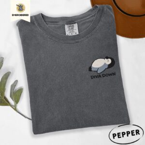 Pepper Reclining Gray Penguin Diva Down Embroidered T-Shirt