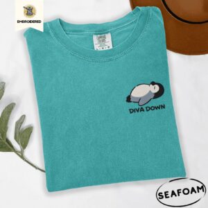 Seafoam Reclining Gray Penguin Diva Down Embroidered T-Shirt