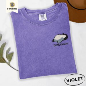 Violet Reclining Gray Penguin Diva Down Embroidered T-Shirt